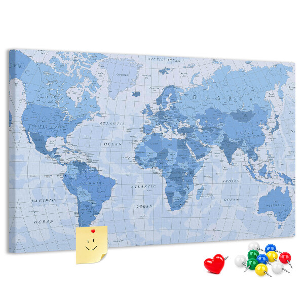 Tablica korkowa ozdobna Mapa świata w odcieniach niebieskiego.