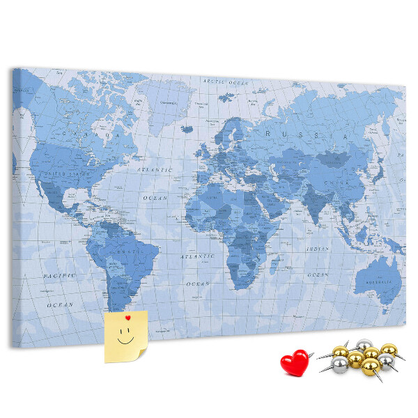 Tablica korkowa ozdobna Mapa świata w odcieniach niebieskiego.