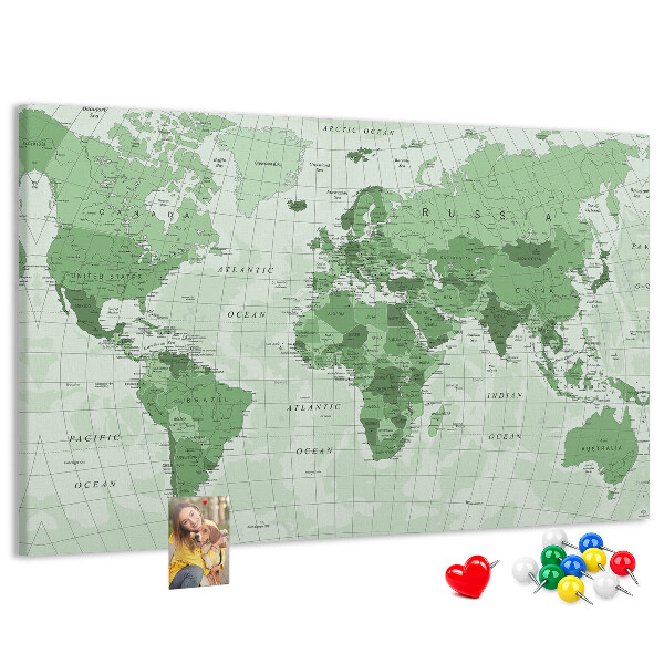 Tablica korkowa z nadrukiem Zielona mapa świata z kontynentami