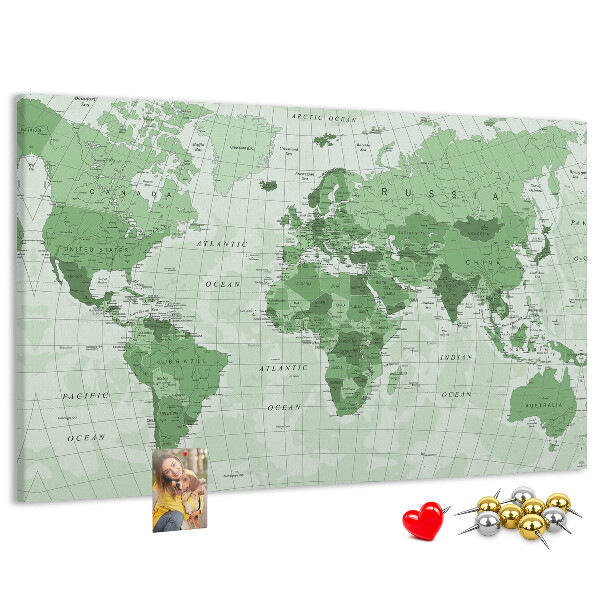 Tablica korkowa z nadrukiem Zielona mapa świata z kontynentami