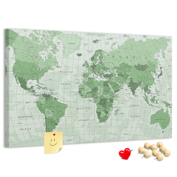 Tablica korkowa z nadrukiem Zielona mapa świata z kontynentami