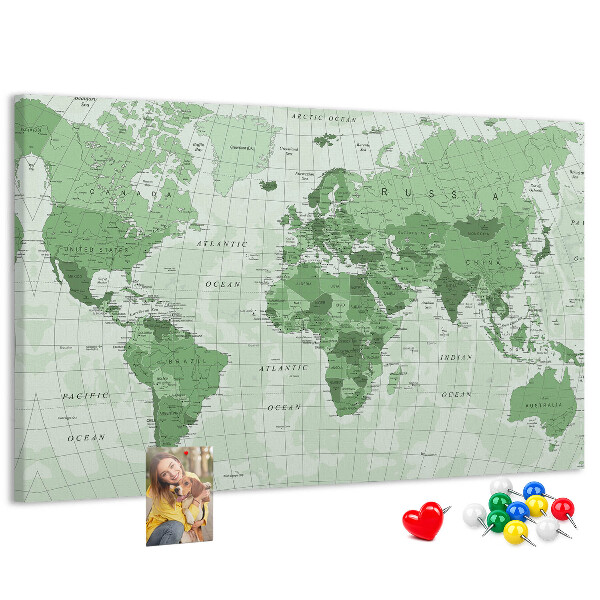 Tablica korkowa z nadrukiem Zielona mapa świata z kontynentami