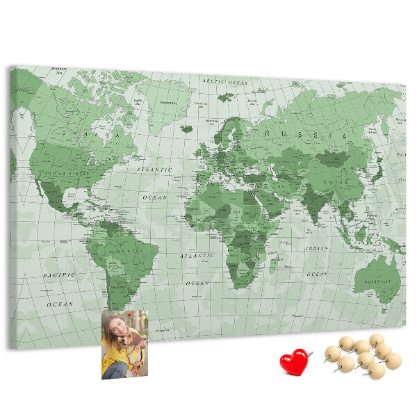 Tablica korkowa z nadrukiem Zielona mapa świata z kontynentami