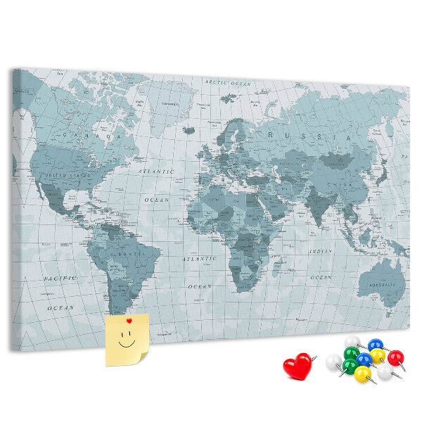 Tablica korkowa ozdobna Mapa świata w odcieniach niebieskiego.