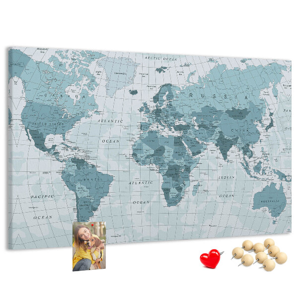 Tablica korkowa ozdobna Mapa świata w odcieniach niebieskiego.