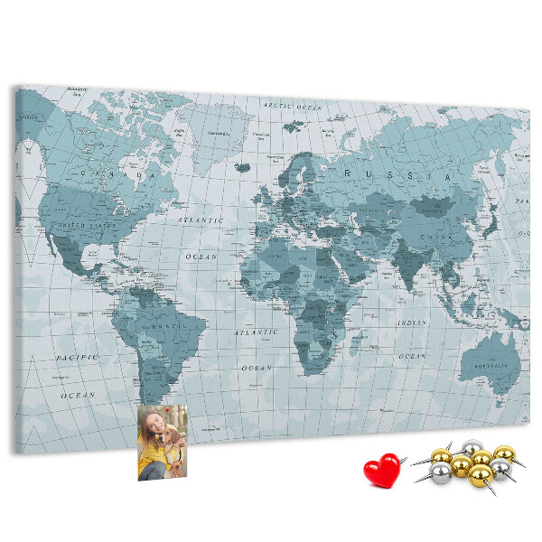 Tablica korkowa ozdobna Mapa świata w odcieniach niebieskiego.