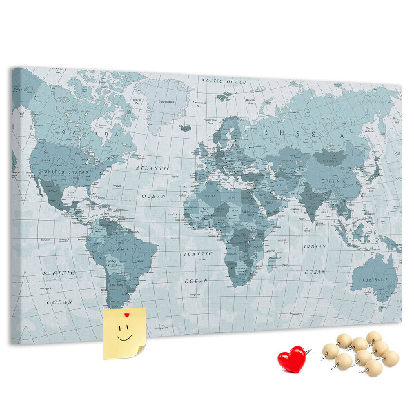 Tablica korkowa ozdobna Mapa świata w odcieniach niebieskiego.