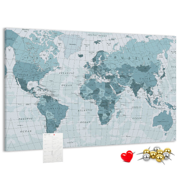 Tablica korkowa ozdobna Mapa świata w odcieniach niebieskiego.