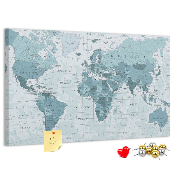 Tablica korkowa ozdobna Mapa świata w odcieniach niebieskiego.