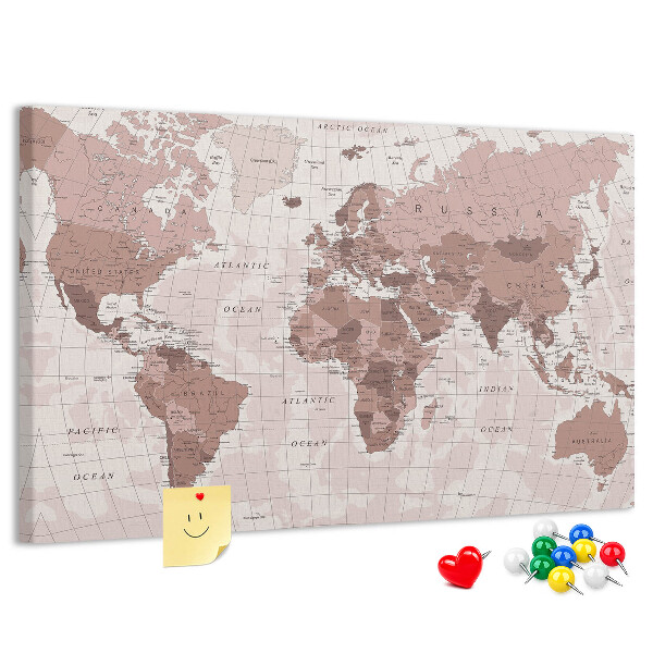 Tablica korkowa z nadrukiem Mapa świata w odcieniach różu.