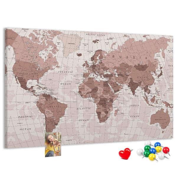Tablica korkowa z nadrukiem Mapa świata w odcieniach różu.