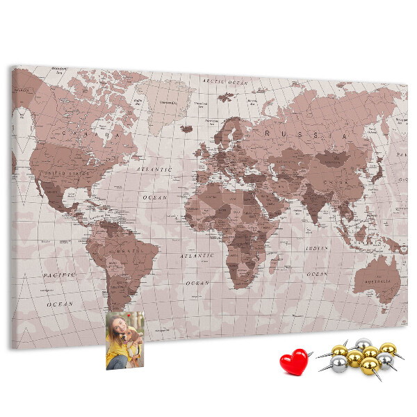 Tablica korkowa z nadrukiem Mapa świata w odcieniach różu.
