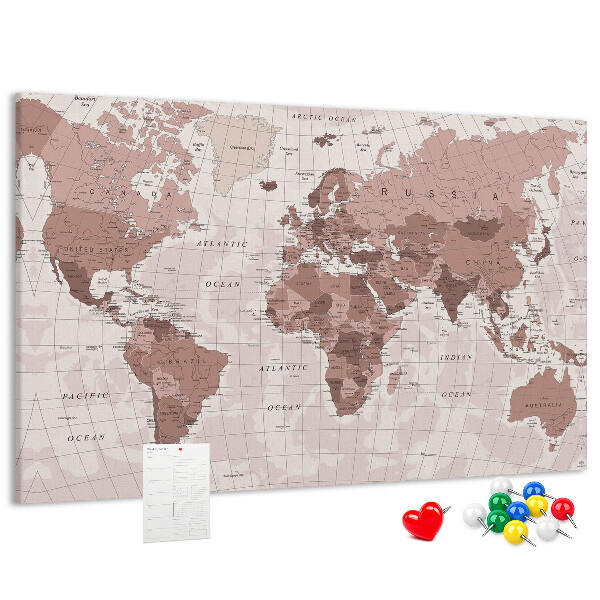 Tablica korkowa z nadrukiem Mapa świata w odcieniach różu.