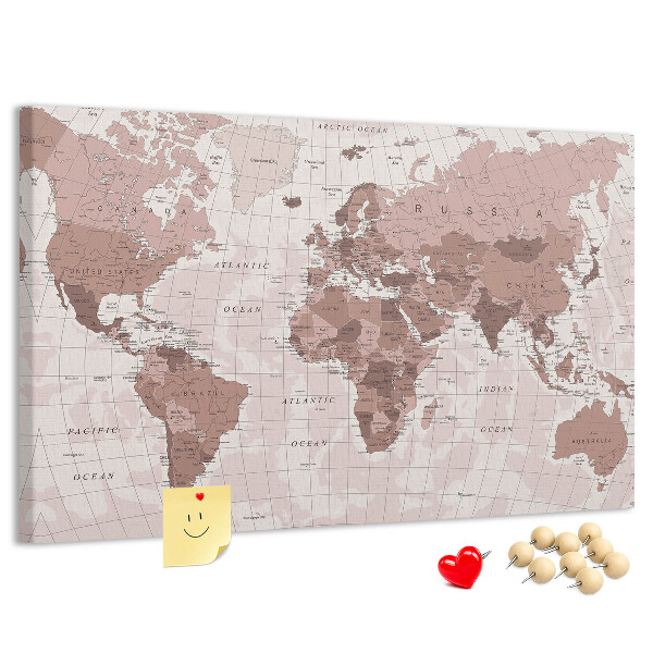 Tablica korkowa z nadrukiem Mapa świata w odcieniach różu.