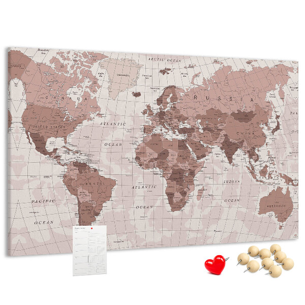 Tablica korkowa z nadrukiem Mapa świata w odcieniach różu.