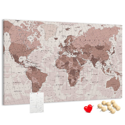 Tablica korkowa z nadrukiem Mapa świata w odcieniach różu.