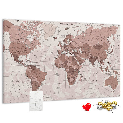 Tablica korkowa z nadrukiem Mapa świata w odcieniach różu.
