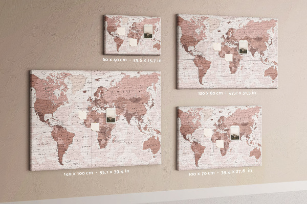 Tablica korkowa z nadrukiem Mapa świata w odcieniach różu.