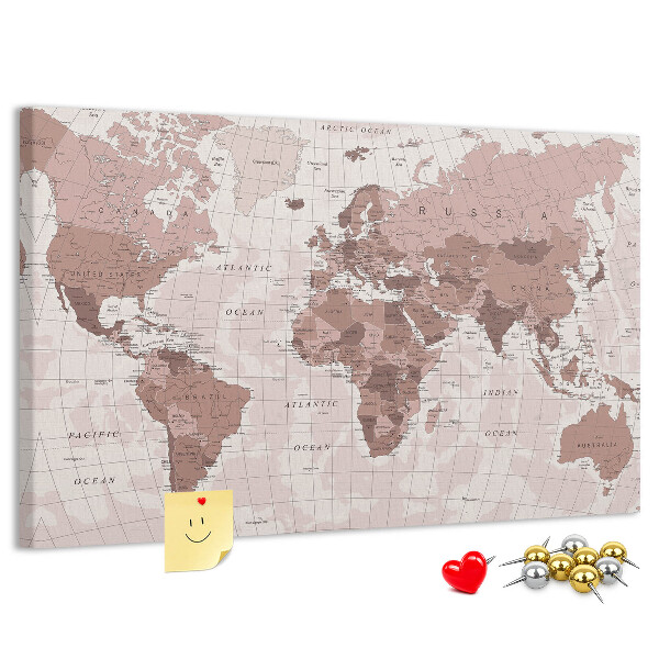 Tablica korkowa z nadrukiem Mapa świata w odcieniach różu.