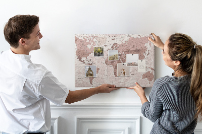 Tablica korkowa z nadrukiem Mapa świata w odcieniach różu.