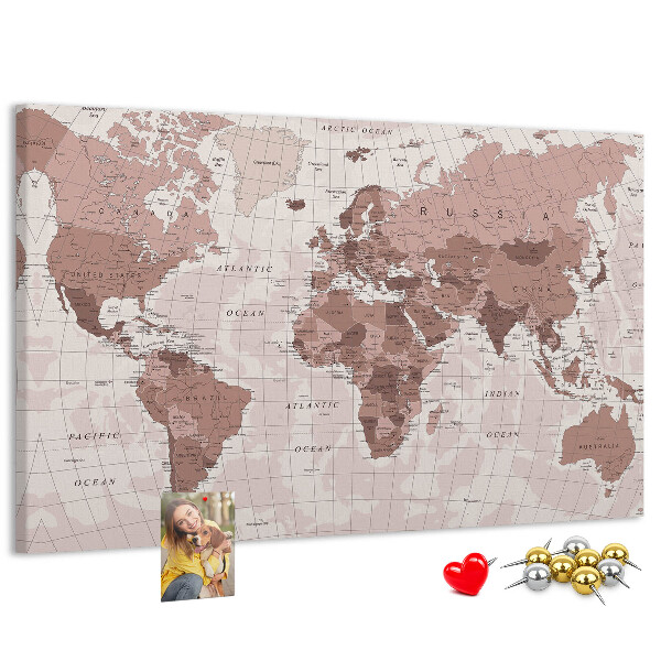 Tablica korkowa z nadrukiem Mapa świata w odcieniach różu.