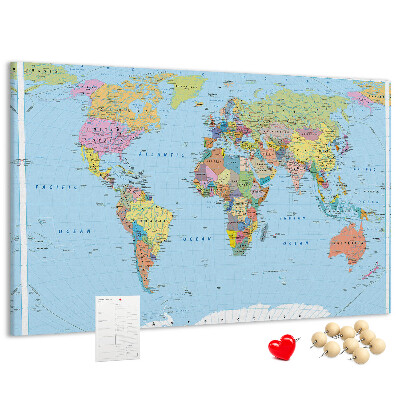 Tablica korkowa z nadrukiem Mapa świata z kolorowymi kontynentami.