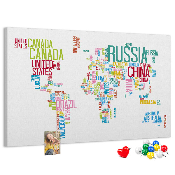 Tablica korkowa Mapa świata z nazwami krajów w kolorach
