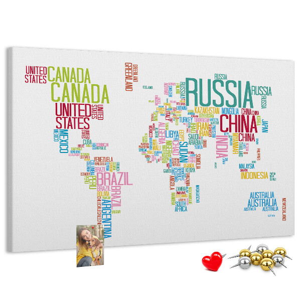 Tablica korkowa Mapa świata z nazwami krajów w kolorach