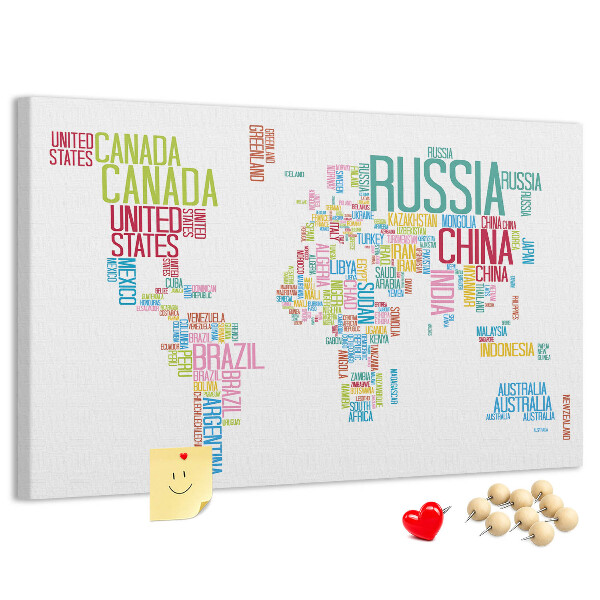 Tablica korkowa Mapa świata z nazwami krajów w kolorach