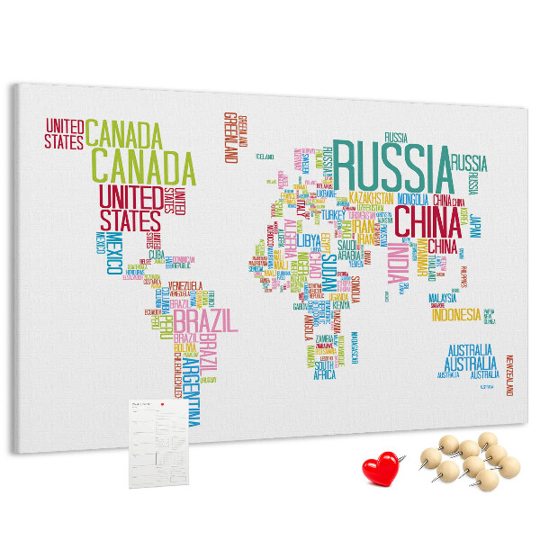 Tablica korkowa Mapa świata z nazwami krajów w kolorach