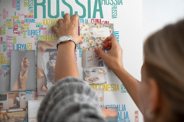 Tablica korkowa Mapa świata z nazwami krajów w kolorach