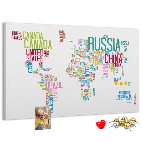 Tablica korkowa Mapa świata z nazwami krajów w kolorach