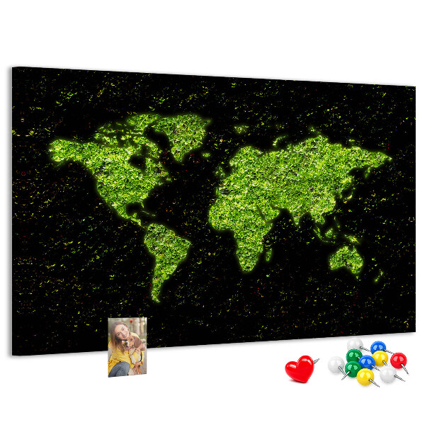 Tablica korkowa Zielona mapa świata na czarnym tle