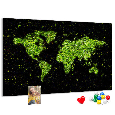 Tablica korkowa Zielona mapa świata na czarnym tle