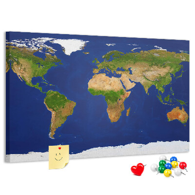 Tablica korkowa z nadrukiem Mapa świata z kolorowymi pinami.