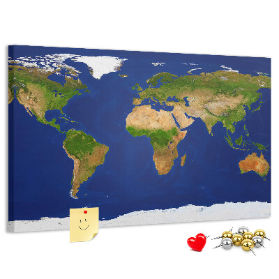 Tablica korkowa z nadrukiem Mapa świata z kolorowymi pinami.