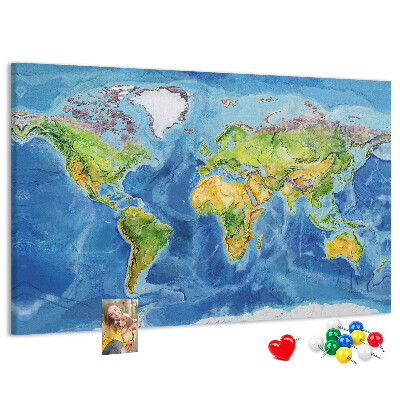 Tablica korkowa z nadrukiem Mapa świata w pastelowych kolorach.