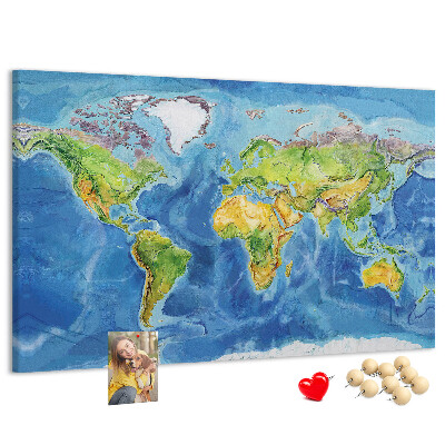 Tablica korkowa z nadrukiem Mapa świata w pastelowych kolorach.