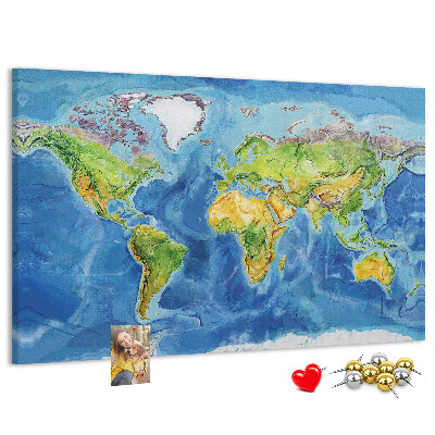 Tablica korkowa z nadrukiem Mapa świata w pastelowych kolorach.