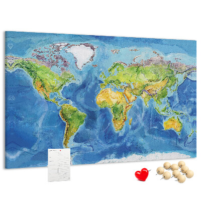 Tablica korkowa z nadrukiem Mapa świata w pastelowych kolorach.