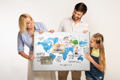 Tablica korkowa Mapa świata z nazwami oceanów i krajów