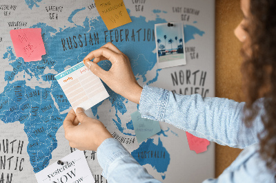 Tablica korkowa Mapa świata z nazwami oceanów i krajów