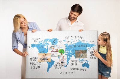 Tablica korkowa Mapa świata z nazwami oceanów i krajów
