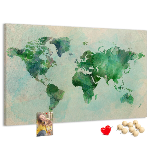Tablica korkowa Zielona mapa świata w akwarelowym stylu