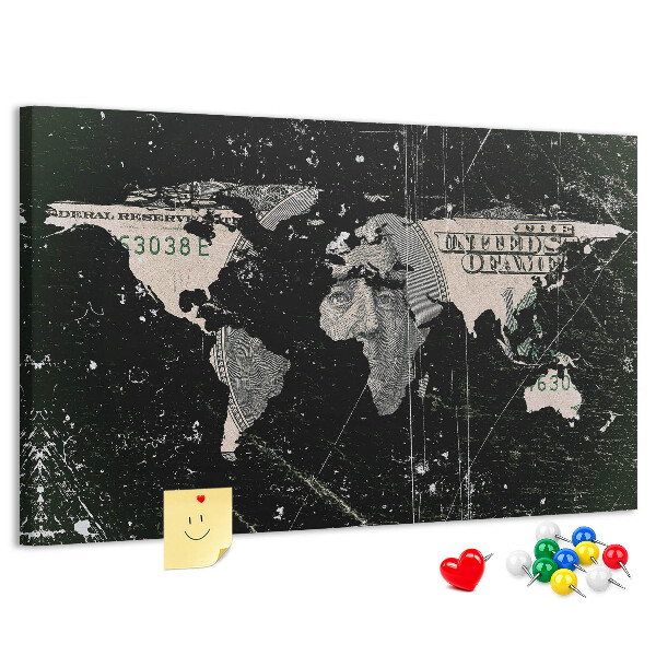 Tablica korkowa ozdobna Mapa świata na tle banknotu dolarowego