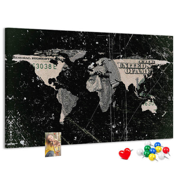 Tablica korkowa ozdobna Mapa świata na tle banknotu dolarowego