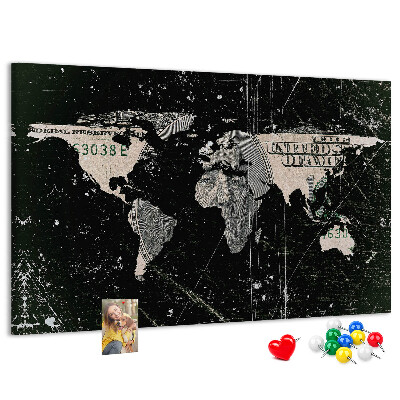 Tablica korkowa ozdobna Mapa świata na tle banknotu dolarowego