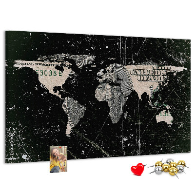 Tablica korkowa ozdobna Mapa świata na tle banknotu dolarowego