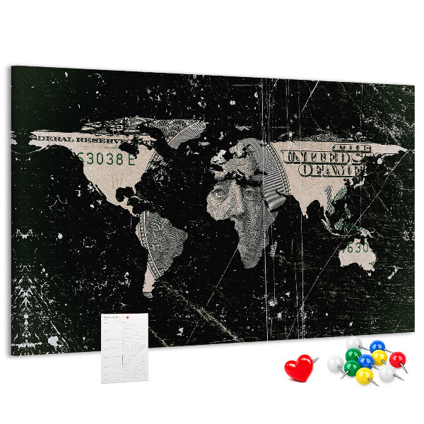 Tablica korkowa ozdobna Mapa świata na tle banknotu dolarowego