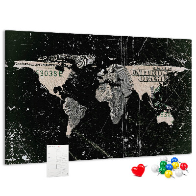 Tablica korkowa ozdobna Mapa świata na tle banknotu dolarowego
